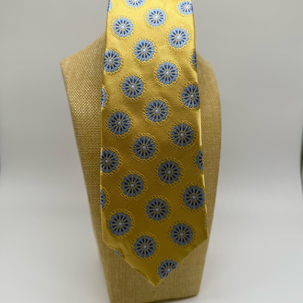 Ike Behar Yellow Gold and Blue Floral Patterned Tie Modern office formal wedding - Picture 3 of 7